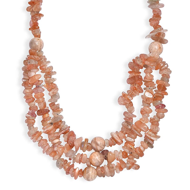 EverTrue Sunstone and Peach Moonstone 340.00 ctw Chips Beaded Necklace in Platinum Bond 18 Inches