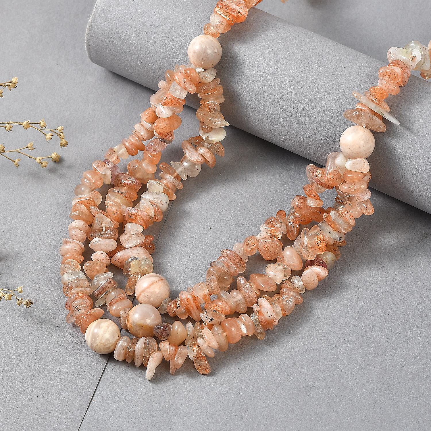EverTrue Sunstone and Peach Moonstone 340.00 ctw Chips Beaded Necklace in Platinum Bond 18 Inches