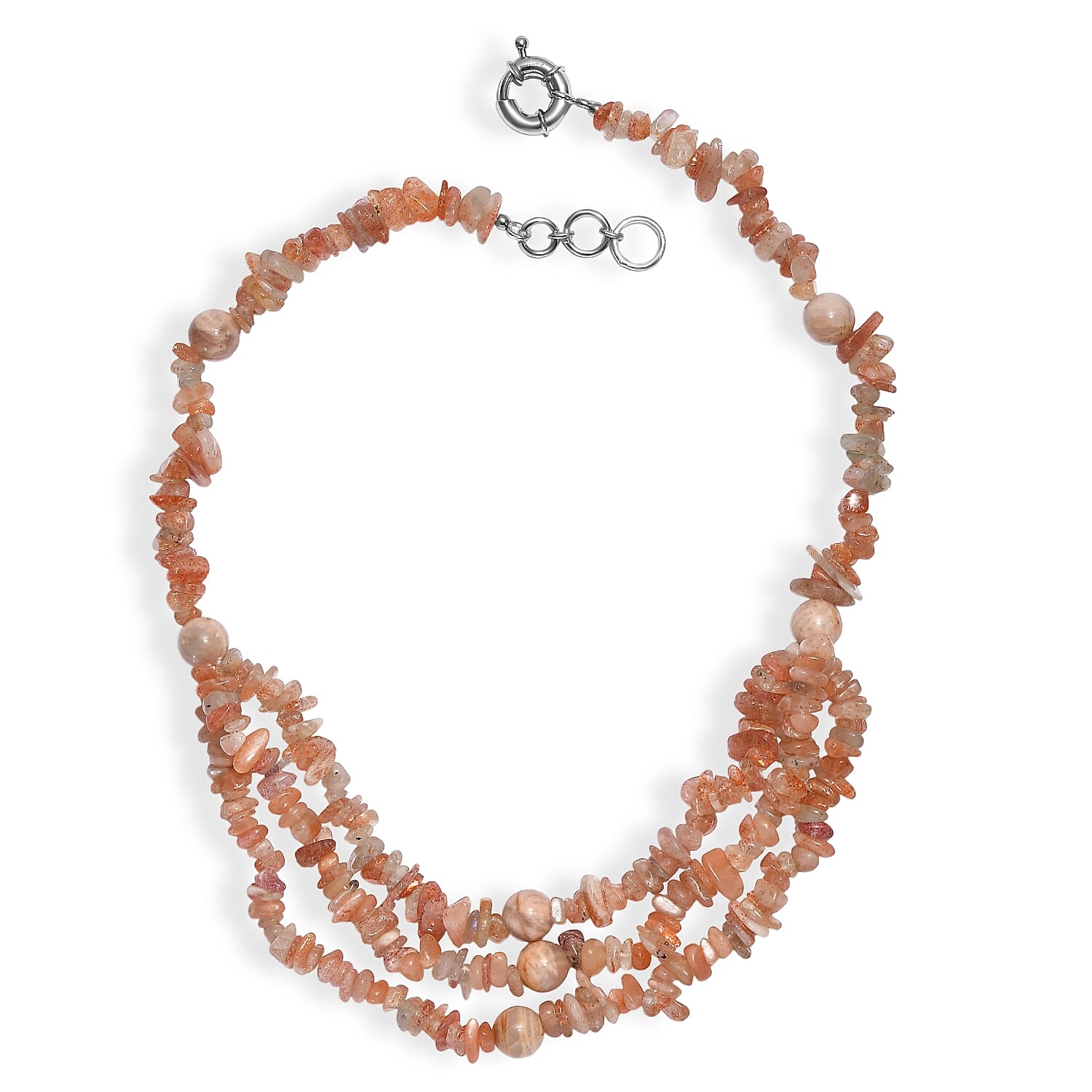 EverTrue Sunstone and Peach Moonstone 340.00 ctw Chips Beaded Necklace in Platinum Bond 18 Inches