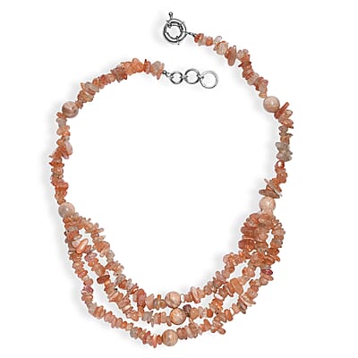EverTrue Sunstone and Peach Moonstone 340.00 ctw Chips Beaded Necklace in Platinum Bond 18 Inches