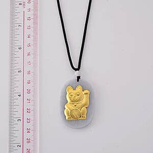 Natural White Jade and Olmec Jadeite 115.00 ctw Carved Maneki Neko Cat Necklace in 24K Yellow Gold (28 Inches)