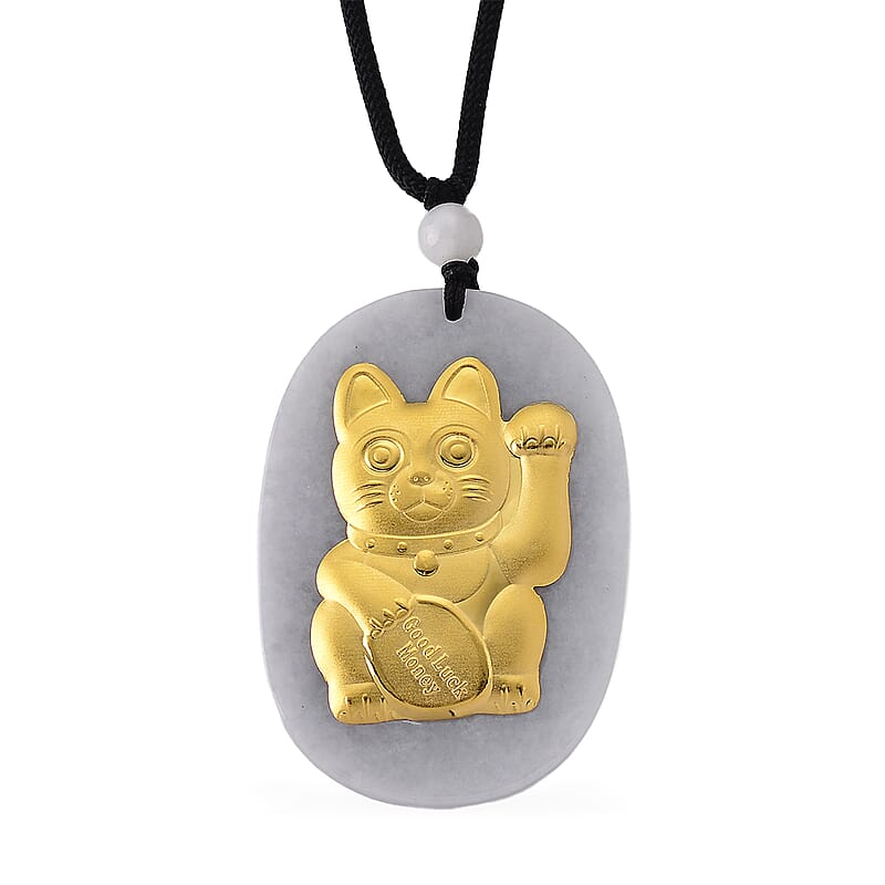 Natural White Jade and Olmec Jadeite 115.00 ctw Carved Maneki Neko Cat Necklace in 24K Yellow Gold (28 Inches)