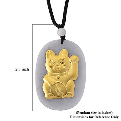 Natural White Jade and Olmec Jadeite 115.00 ctw Carved Maneki Neko Cat Necklace in 24K Yellow Gold (28 Inches)