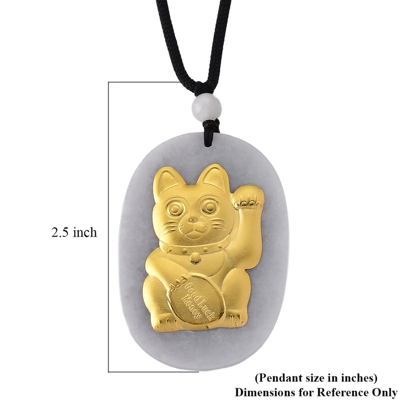Natural White Jade and Olmec Jadeite 115.00 ctw Carved Maneki Neko Cat Necklace in 24K Yellow Gold (28 Inches)