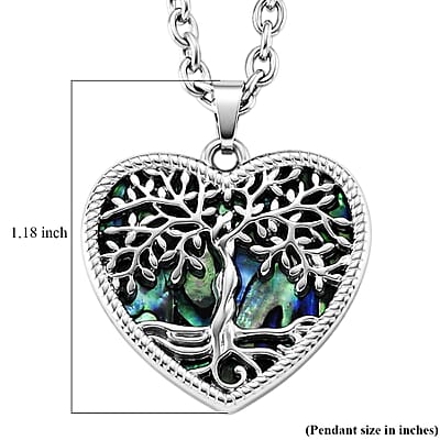 Abalone Shell Tree of Life in Heart Shape Pendant Necklace in Stainless Steel 20 Inches