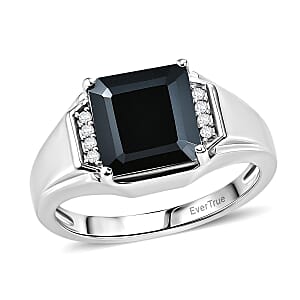 EverTrue Asscher Cut Thai Black Spinel and White Zircon 6.30 ctw Men's Ring in Platinum Bond (Size 10.0)