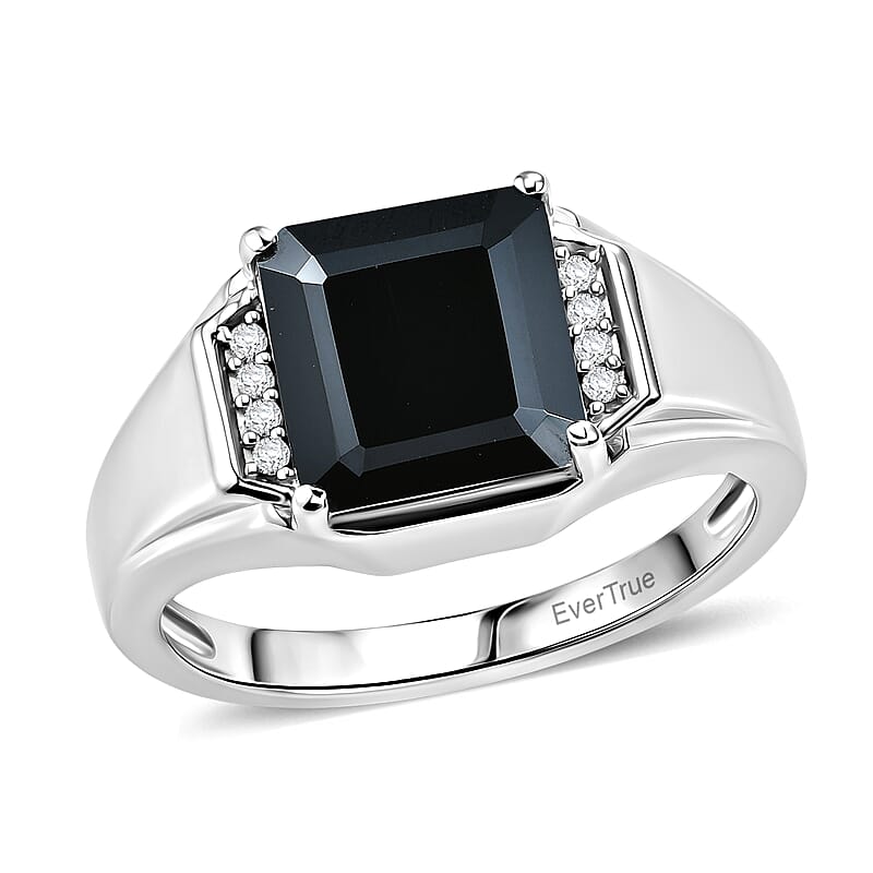 EverTrue Asscher Cut Thai Black Spinel and White Zircon 6.30 ctw Men's Ring in Platinum Bond (Size 10.0)