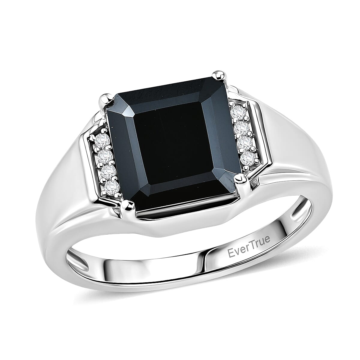 EverTrue Asscher Cut Thai Black Spinel, White Zircon Men's Ring in Platinum Bond (Size 10.0) 6.25 ctw