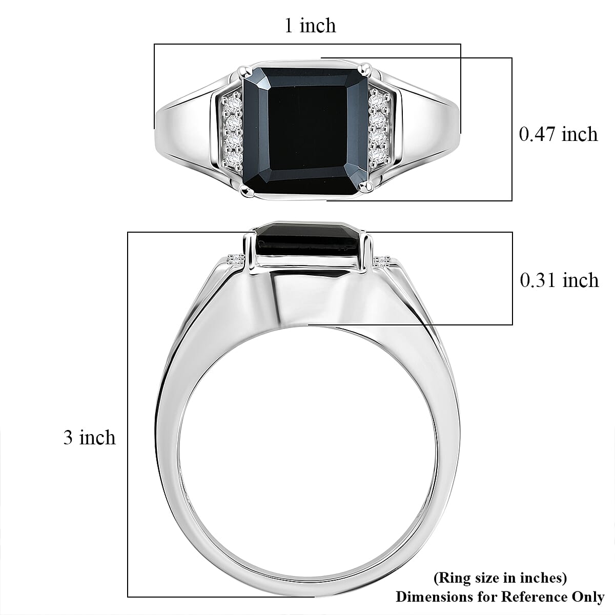 EverTrue Asscher Cut Thai Black Spinel and White Zircon 6.30 ctw Men's Ring in Platinum Bond (Size 14.0)