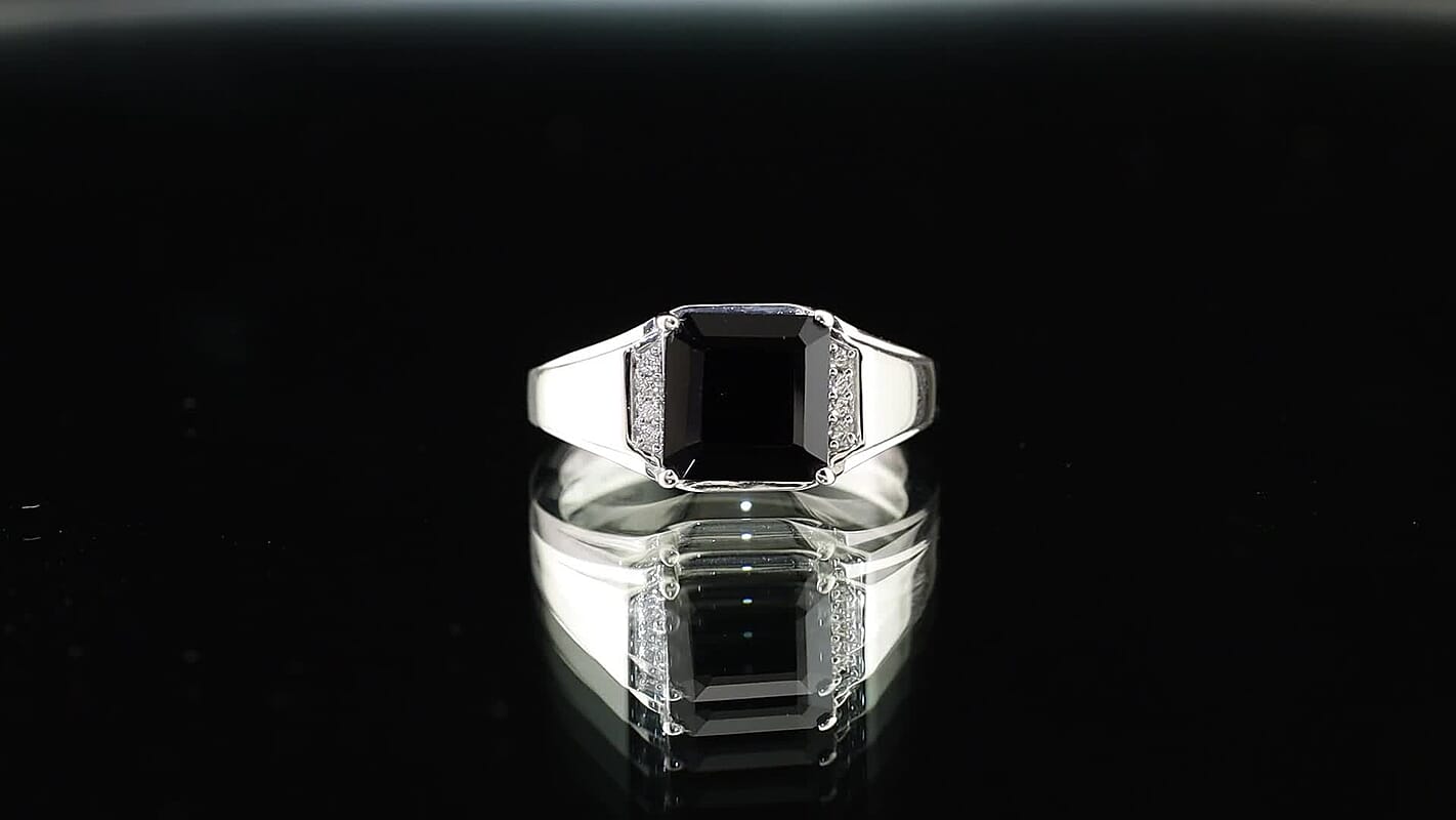 EverTrue Asscher Cut Thai Black Spinel, White Zircon Men's Ring in Platinum Bond (Size 10.0) 6.25 ctw