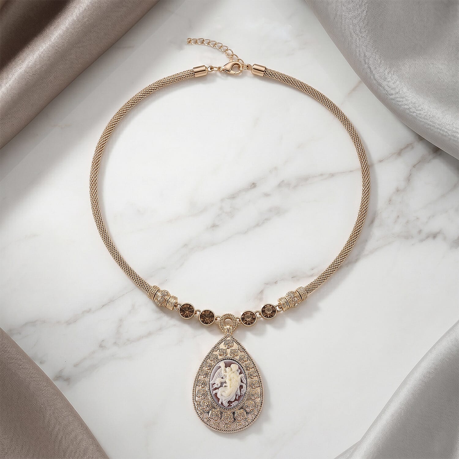Champagne Cameo and Glass Necklace in Rosetone (22.5-24.5Inches)