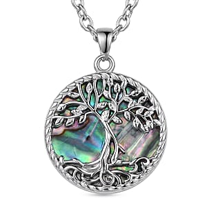 Abalone Shell Tree of Life in Round Shape Pendant Necklace in Stainless Steel 20 Inches