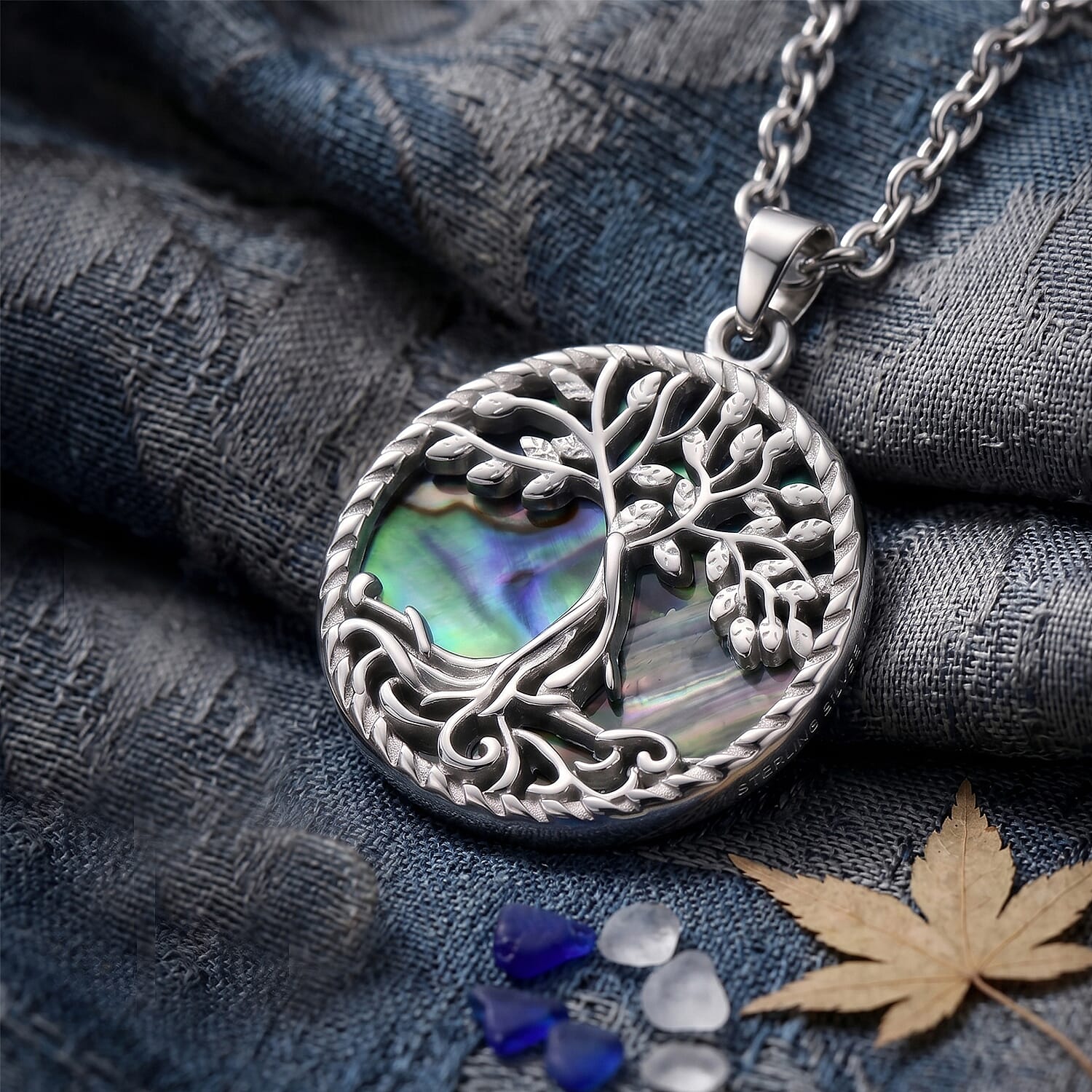 Abalone Shell Tree of Life in Round Shape Pendant Necklace in Stainless Steel 20 Inches