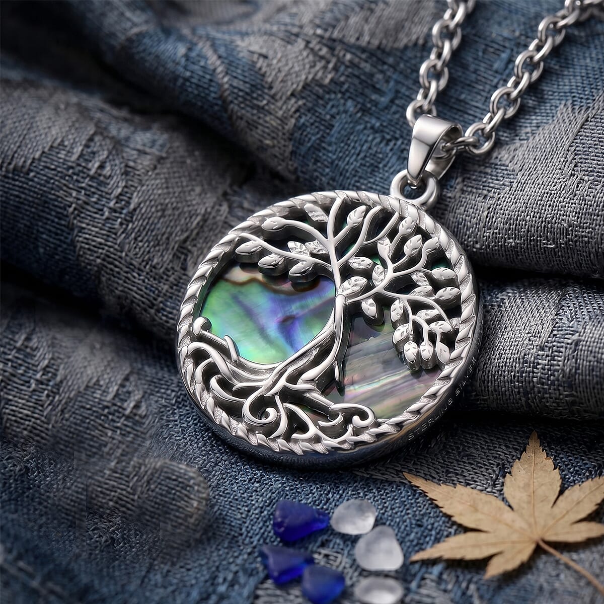 Abalone Shell Tree of Life in Round Shape Pendant Necklace in Stainless Steel 20 Inches image number 1