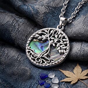 Abalone Shell Tree of Life in Round Shape Pendant Necklace in Stainless Steel 20 Inches