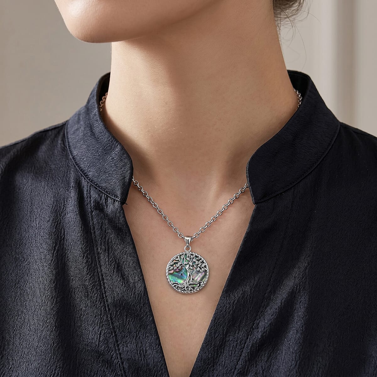 Abalone Shell Tree of Life in Round Shape Pendant Necklace in Stainless Steel 20 Inches image number 2