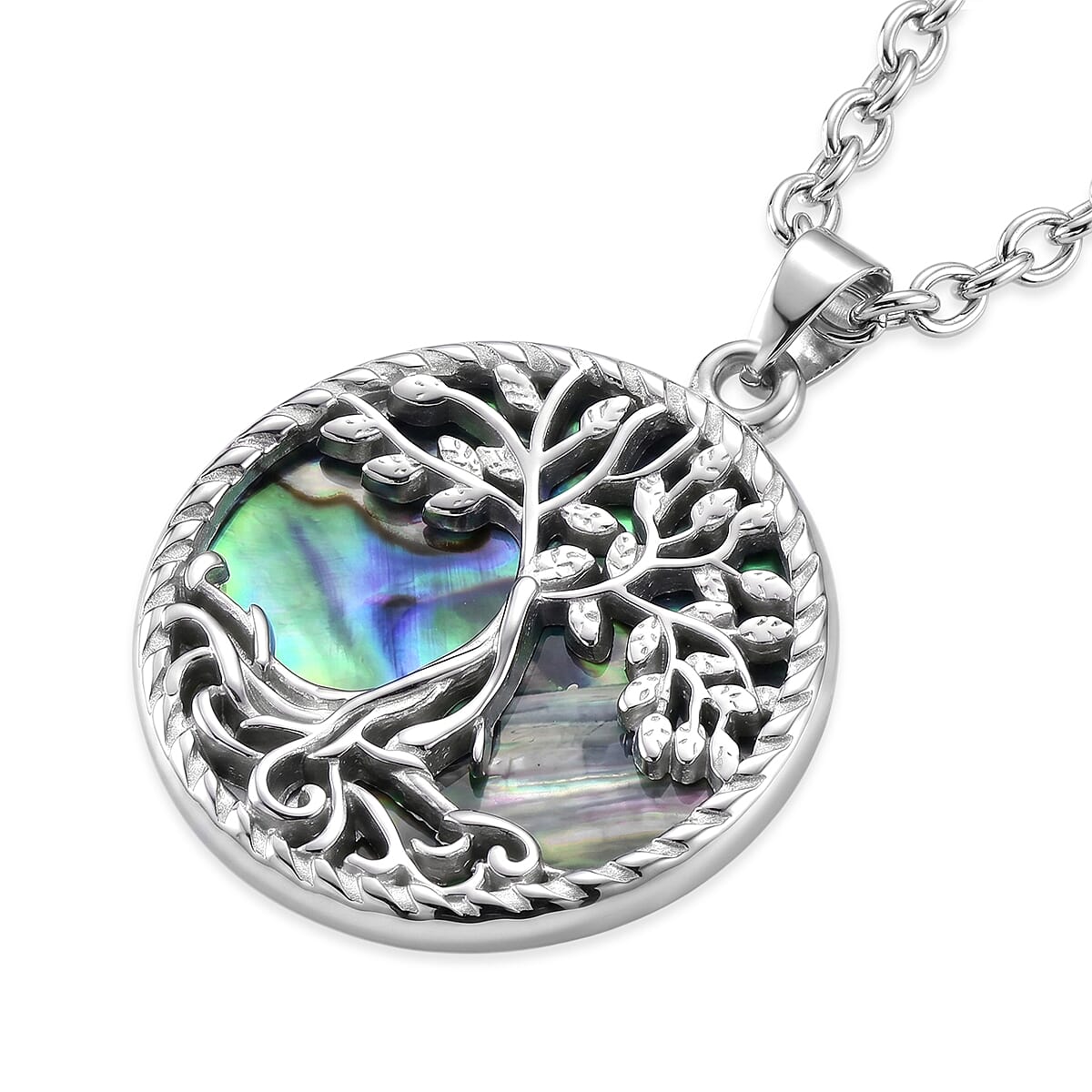 Abalone Shell Tree of Life in Round Shape Pendant Necklace in Stainless Steel 20 Inches image number 3