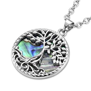 Abalone Shell Tree of Life in Round Shape Pendant Necklace in Stainless Steel 20 Inches