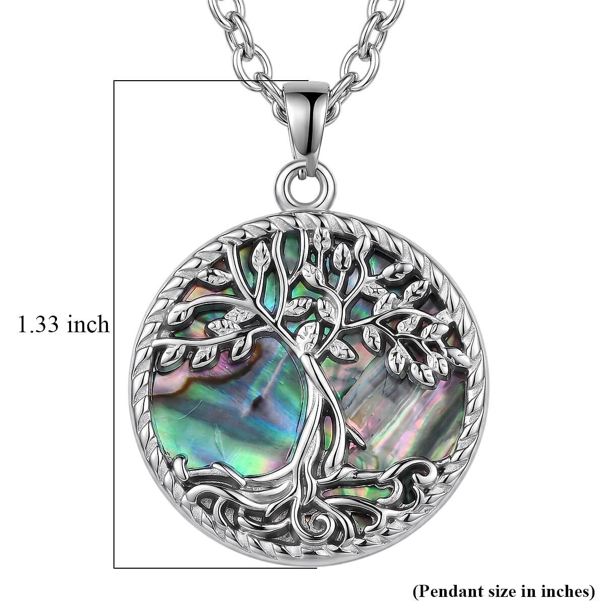 Abalone Shell Tree of Life in Round Shape Pendant Necklace in Stainless Steel 20 Inches image number 6