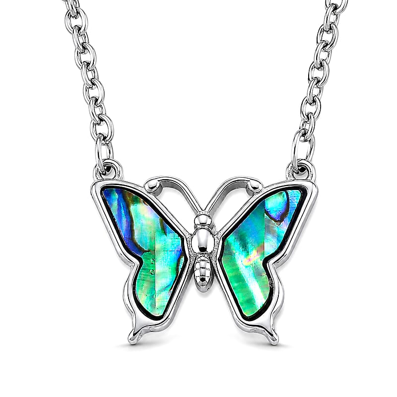 Abalone Shell Butterfly Necklace in Stainless Steel 20 Inches