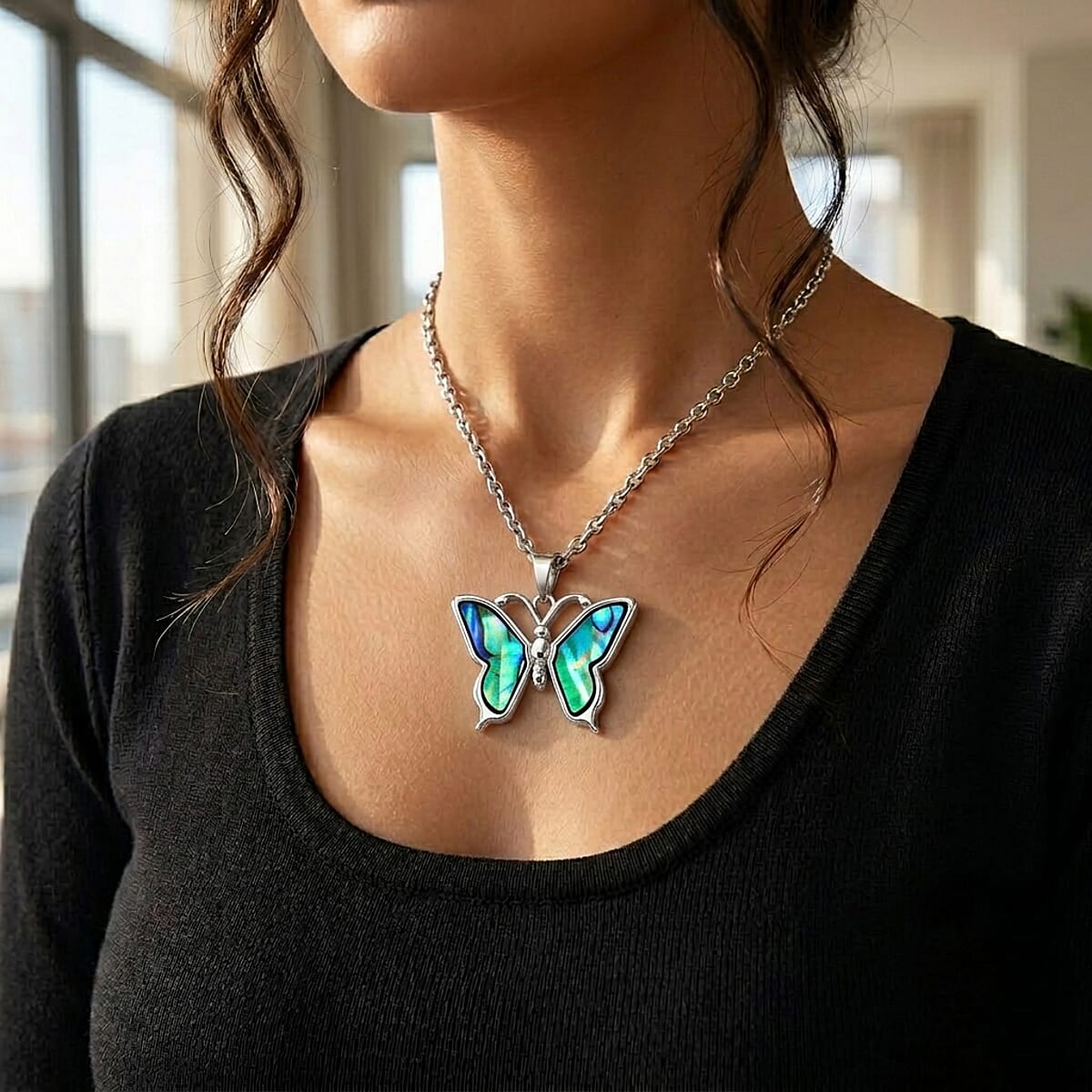 Abalone Shell Butterfly Necklace in Stainless Steel 20 Inches image number 1