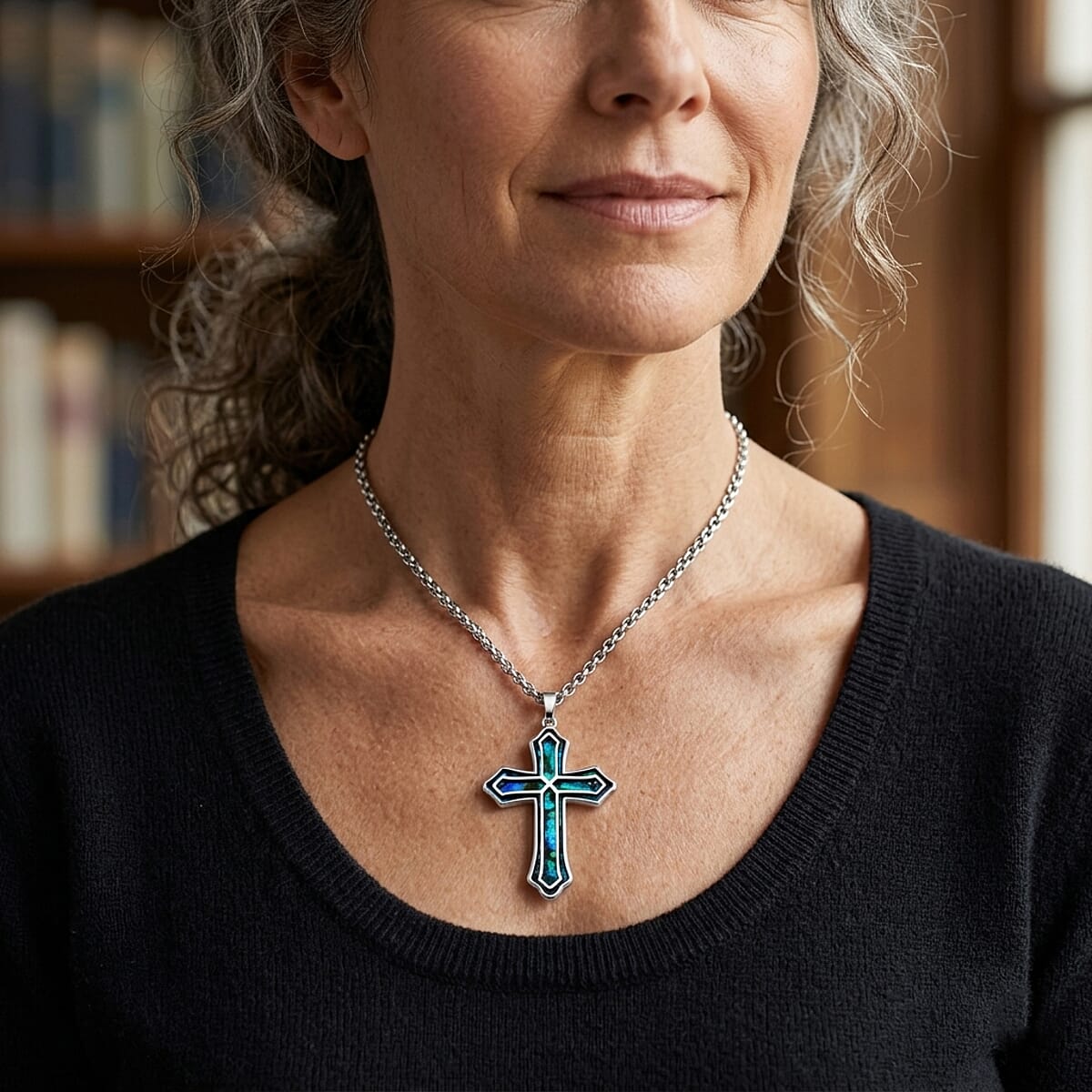Abalone Shell Cross Necklace in Stainless Steel 20 Inches image number 1