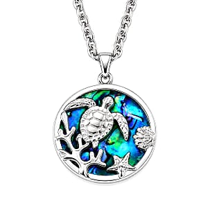Abalone Shell Turtle in Round Shape Pendant Necklace in Stainless Steel 20 Inches