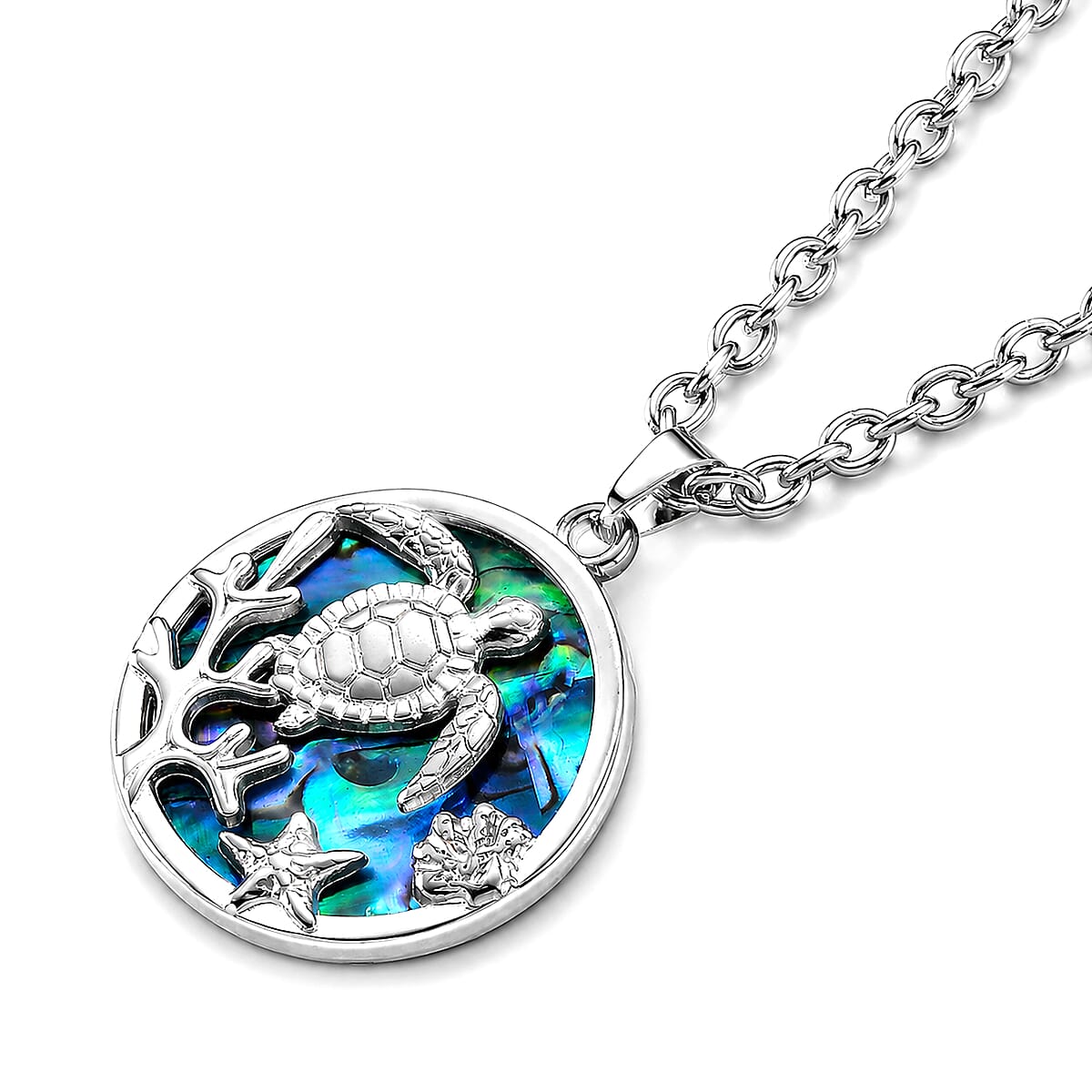 Abalone Shell Turtle in Round Shape Pendant Necklace in Stainless Steel 20 Inches image number 2