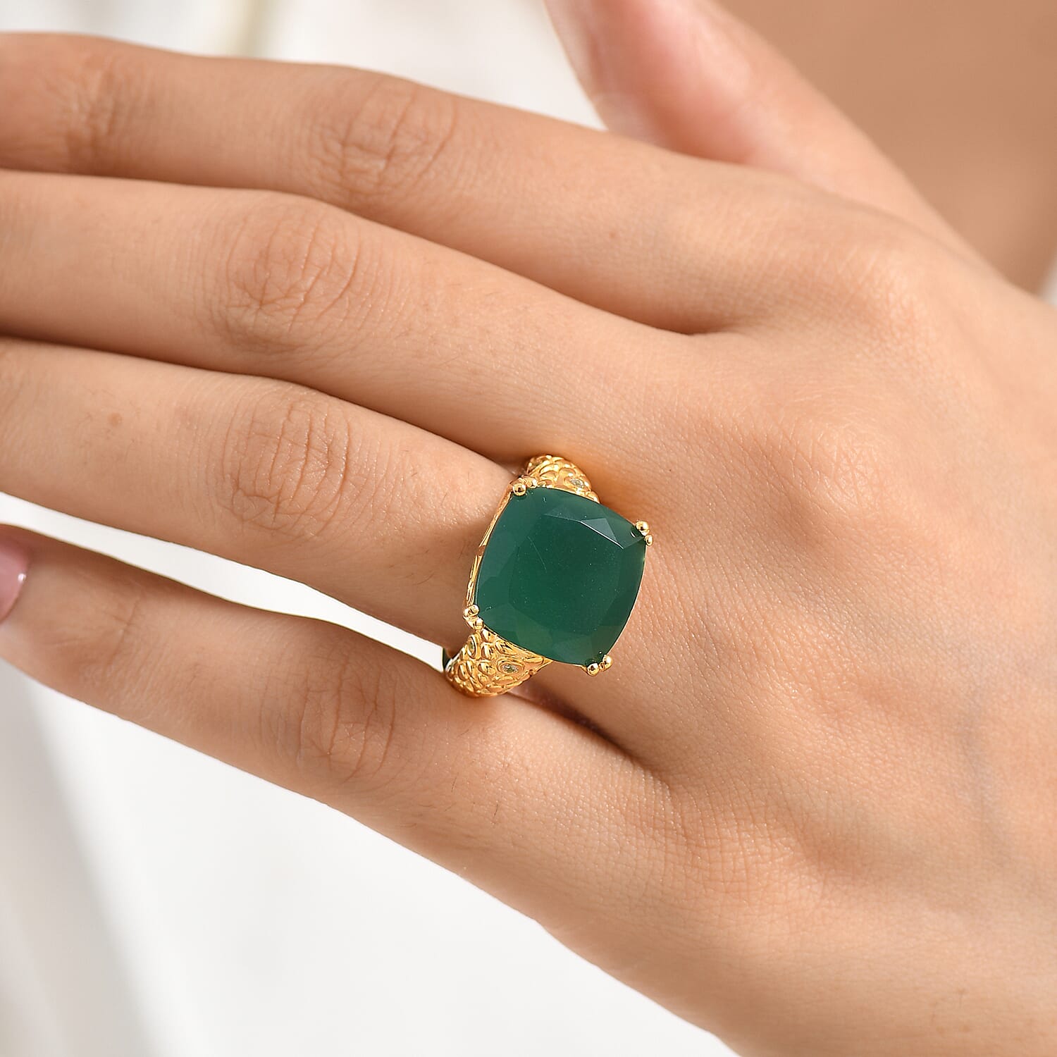 EverTrue Verde Onyx, White Zircon 9.80 ctw Canopy Bloom Ring in 18K YG Plated (Size 5.0)