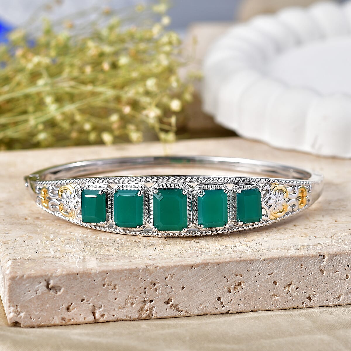 EverTrue Verde Onyx 11.20 ctw Evergreen Elegance Bangle Bracelet In 18K YG Plated and Platinum Bond (8.00 In) image number 1
