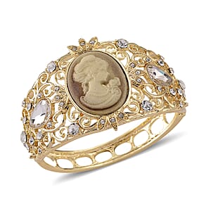 Brown Cameo, White Glass and Austrian Crystal Bangle Bracelet in Rosetone (6.50 In)