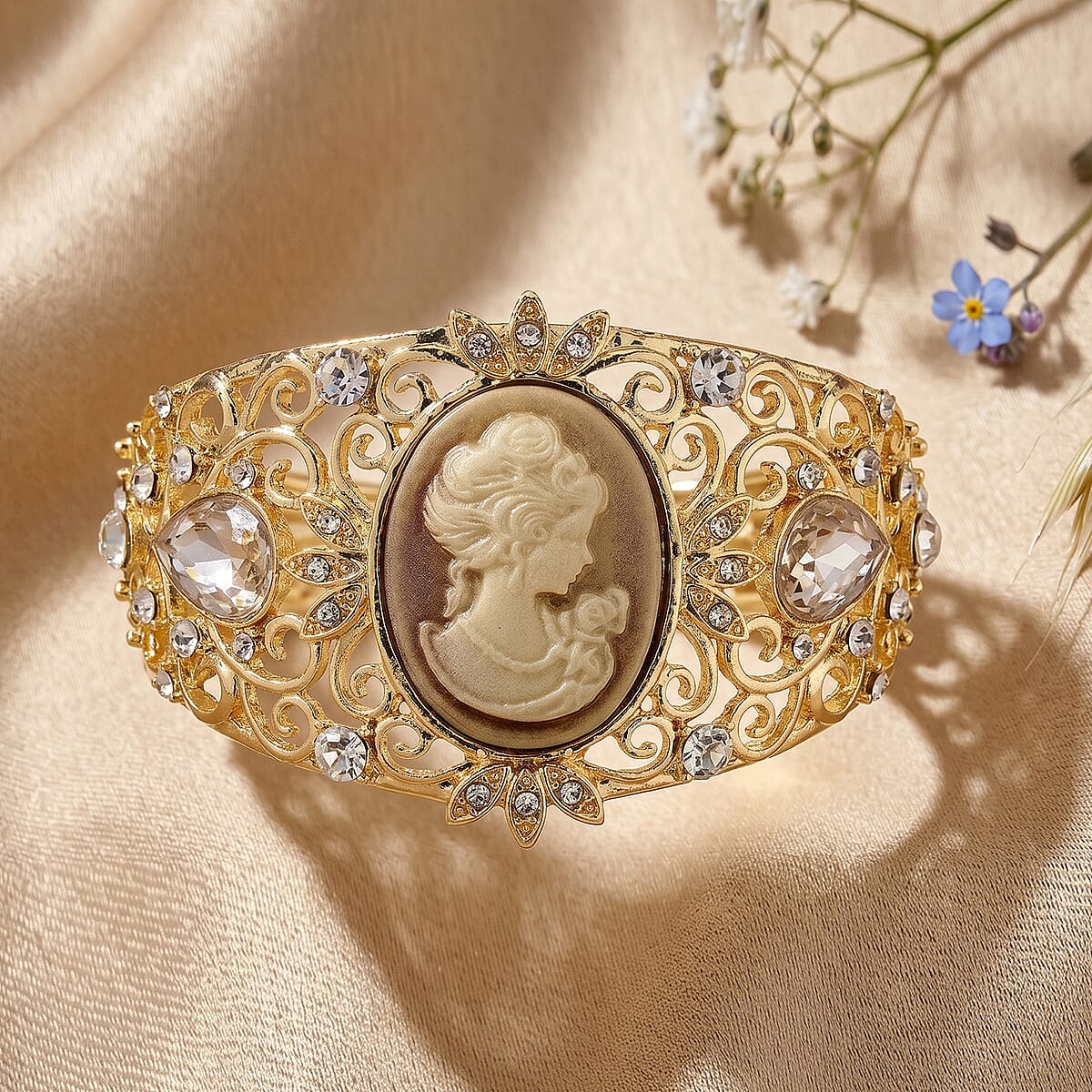 Brown Cameo, White Glass and Austrian Crystal Bangle Bracelet in Rosetone (6.50 In) image number 1