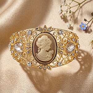 Brown Cameo, White Glass and Austrian Crystal Bangle Bracelet in Rosetone (6.50 In)