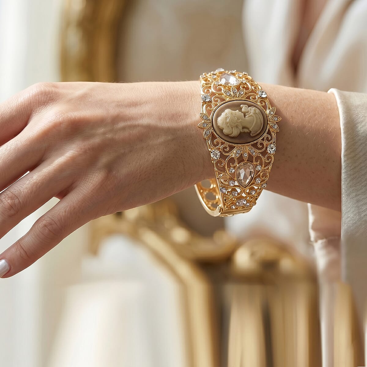 Brown Cameo, White Glass and Austrian Crystal Bangle Bracelet in Rosetone (6.50 In) image number 2