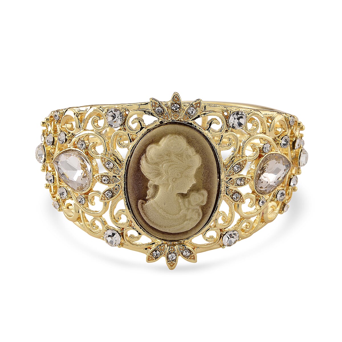 Brown Cameo, White Glass and Austrian Crystal Bangle Bracelet in Rosetone (6.50 In) image number 3