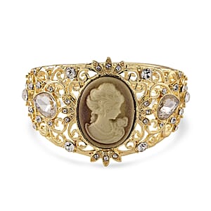 Brown Cameo, White Glass and Austrian Crystal Bangle Bracelet in Rosetone (6.50 In)
