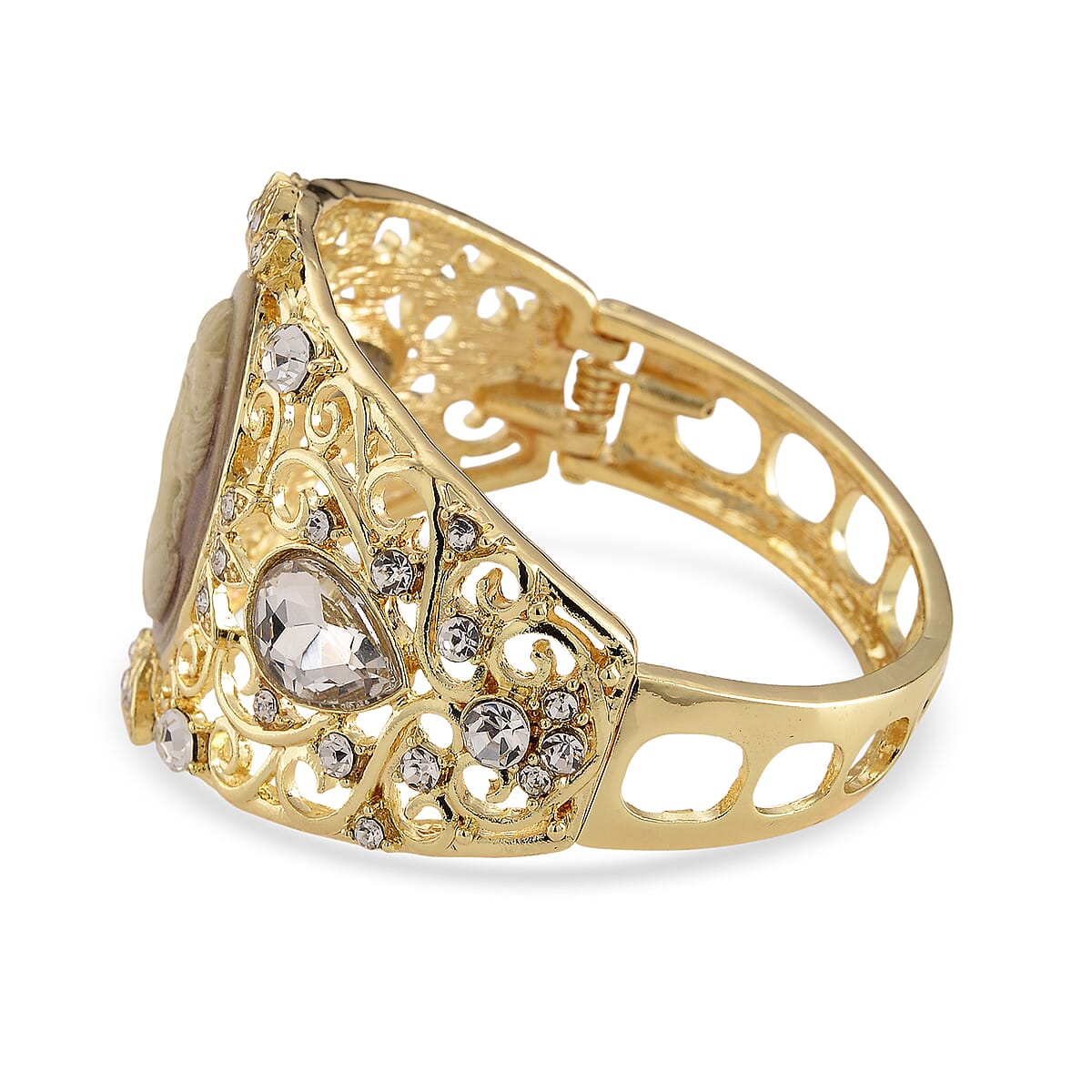 Brown Cameo, White Glass and Austrian Crystal Bangle Bracelet in Rosetone (6.50 In) image number 4