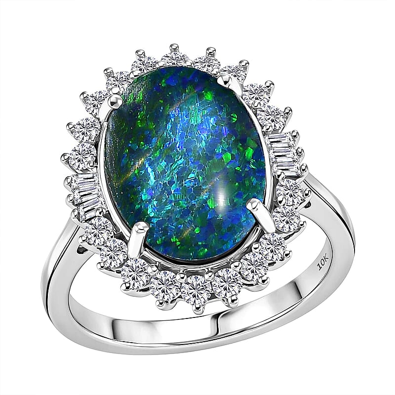 AAA Australian Black Ridge Opal (Triplet) and Luxuriant Lab Grown Diamond G-H SI 4.00 ctw Ring in 10K White Gold (Size 5.0) 4.10 Grams