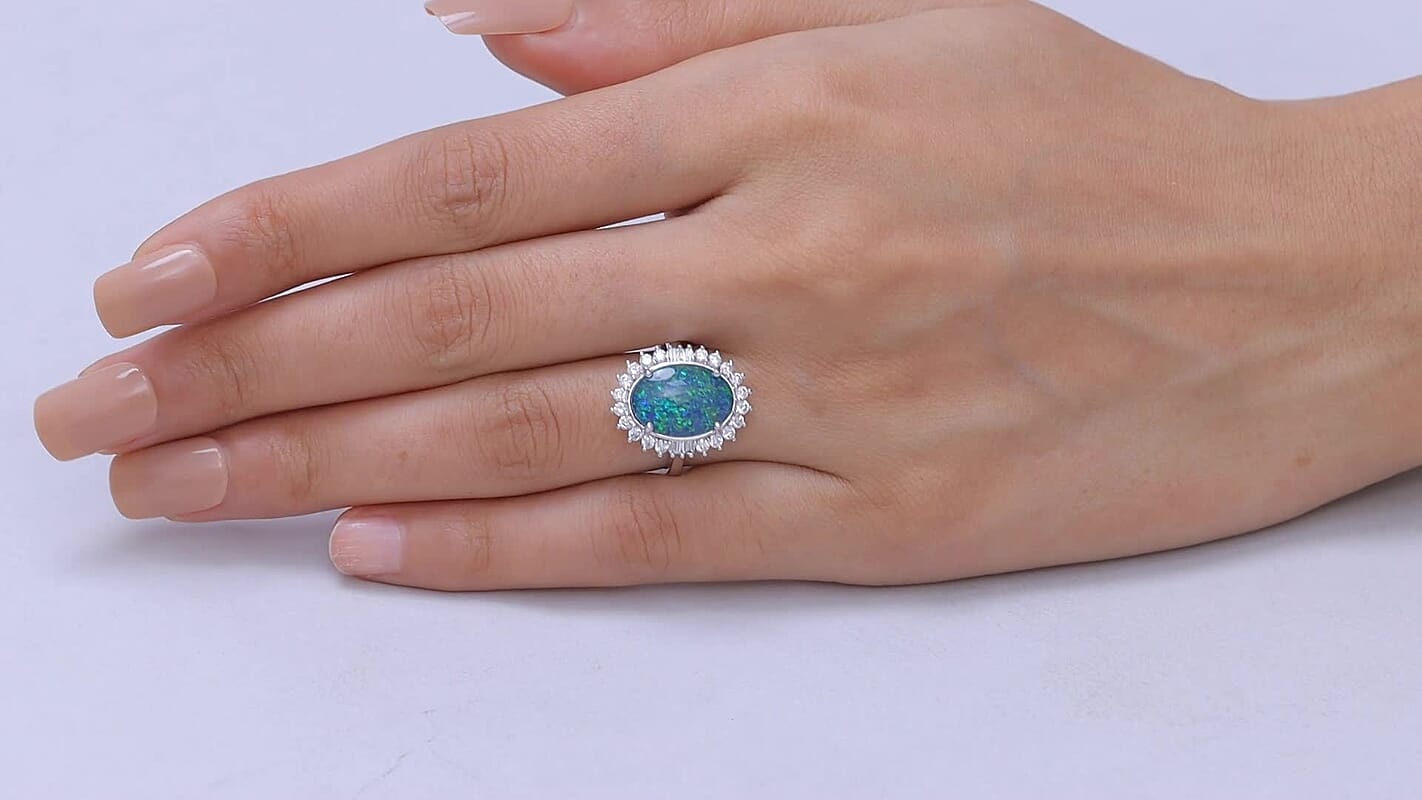 AAA Australian Black Ridge Opal and Luxuriant Lab Grown Diamond G-H SI 4.00 ctw Ring in 10K White Gold (Size 6.0) 4.10 Grams
