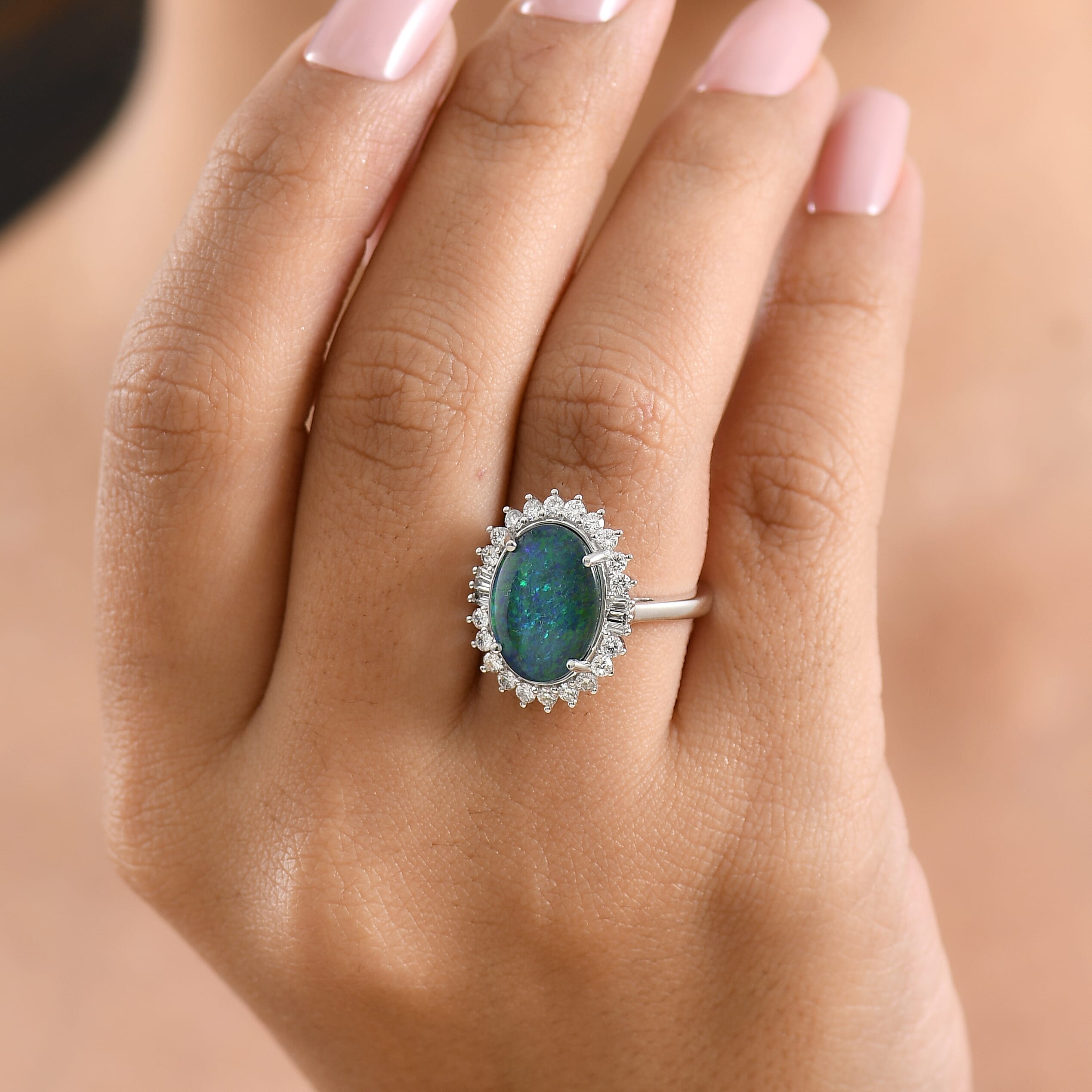 AAA Australian Black Ridge Opal (Triplet) and Luxuriant Lab Grown Diamond G-H SI 4.00 ctw Sunburst Halo Ring in 10K White Gold (Size 7.0) 4.10 Grams