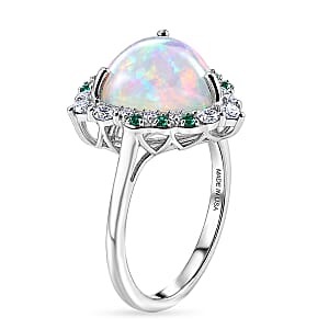 Certified & Appraised D'Joy Premium Ethiopian Welo Opal, Paraiba Tourmaline and Moissanite 4.60 ctw Ring in Rhodium Over Sterling Silver (Size 6.0)