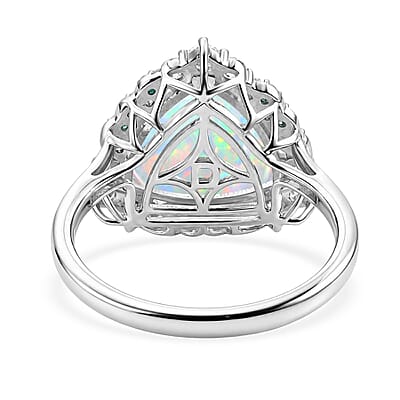 Certified & Appraised D'Joy Premium Ethiopian Welo Opal, Paraiba Tourmaline and Moissanite 4.60 ctw Ring in Rhodium Over Sterling Silver (Size 6.0)