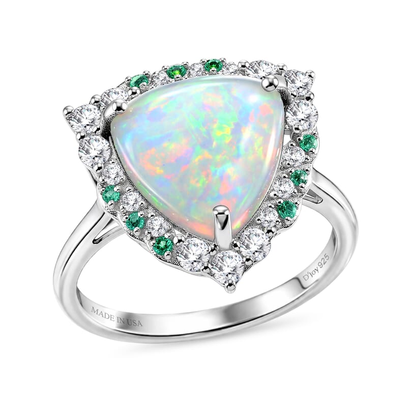 Certified & Appraised D'Joy Premium Ethiopian Welo Opal, Paraiba Tourmaline and Moissanite 4.60 ctw Ring in Rhodium Over Sterling Silver (Size 7.0)