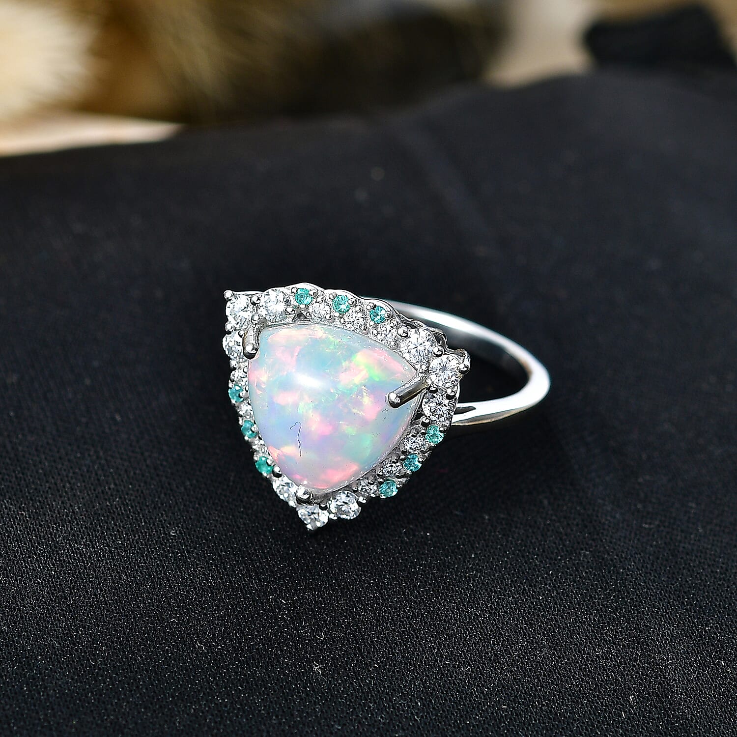 Certified & Appraised D'Joy Premium Ethiopian Welo Opal, Paraiba Tourmaline and Moissanite 4.60 ctw Ring in Rhodium Over Sterling Silver (Size 7.0)