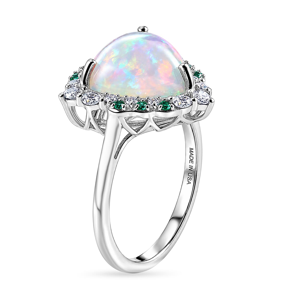 Certified & Appraised D'Joy Premium Ethiopian Welo Opal, Paraiba Tourmaline and Moissanite 4.60 ctw Ring in Rhodium Over Sterling Silver (Size 7.0)