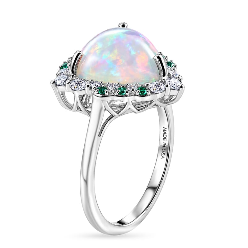 Certified & Appraised D'Joy Premium Ethiopian Welo Opal, Paraiba Tourmaline and Moissanite 4.60 ctw Ring in Rhodium Over Sterling Silver (Size 7.0)
