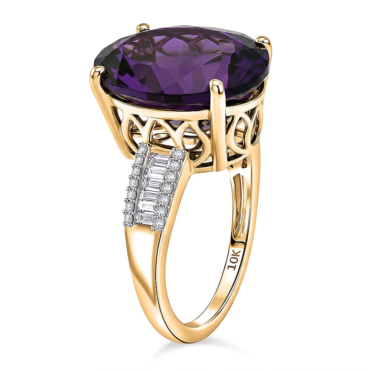 Luxoro AAA Moroccan Amethyst and Diamond I2 9.60 ctw Royal Hall Ring in 10K Yellow Gold (Size  5.5)  4.10 Grams image number 3