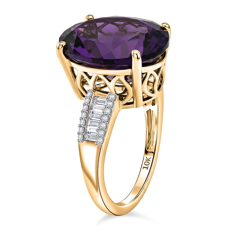 Luxoro AAA Moroccan Amethyst and Diamond I2 9.60 ctw Royal Hall Ring in 10K Yellow Gold (Size  6.0)  4.10 Grams