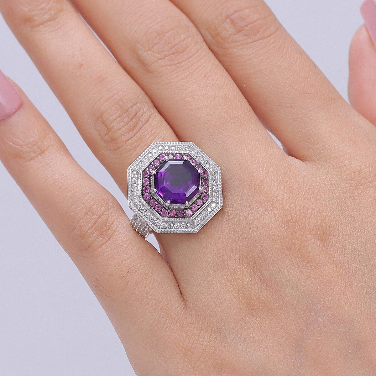 D'Joy Premium Moroccan Amethyst and Multi Gemstone 6.00 ctw Royal Octagon Ring in Rhodium Over Sterling Silver (Size 10.0) image number 2