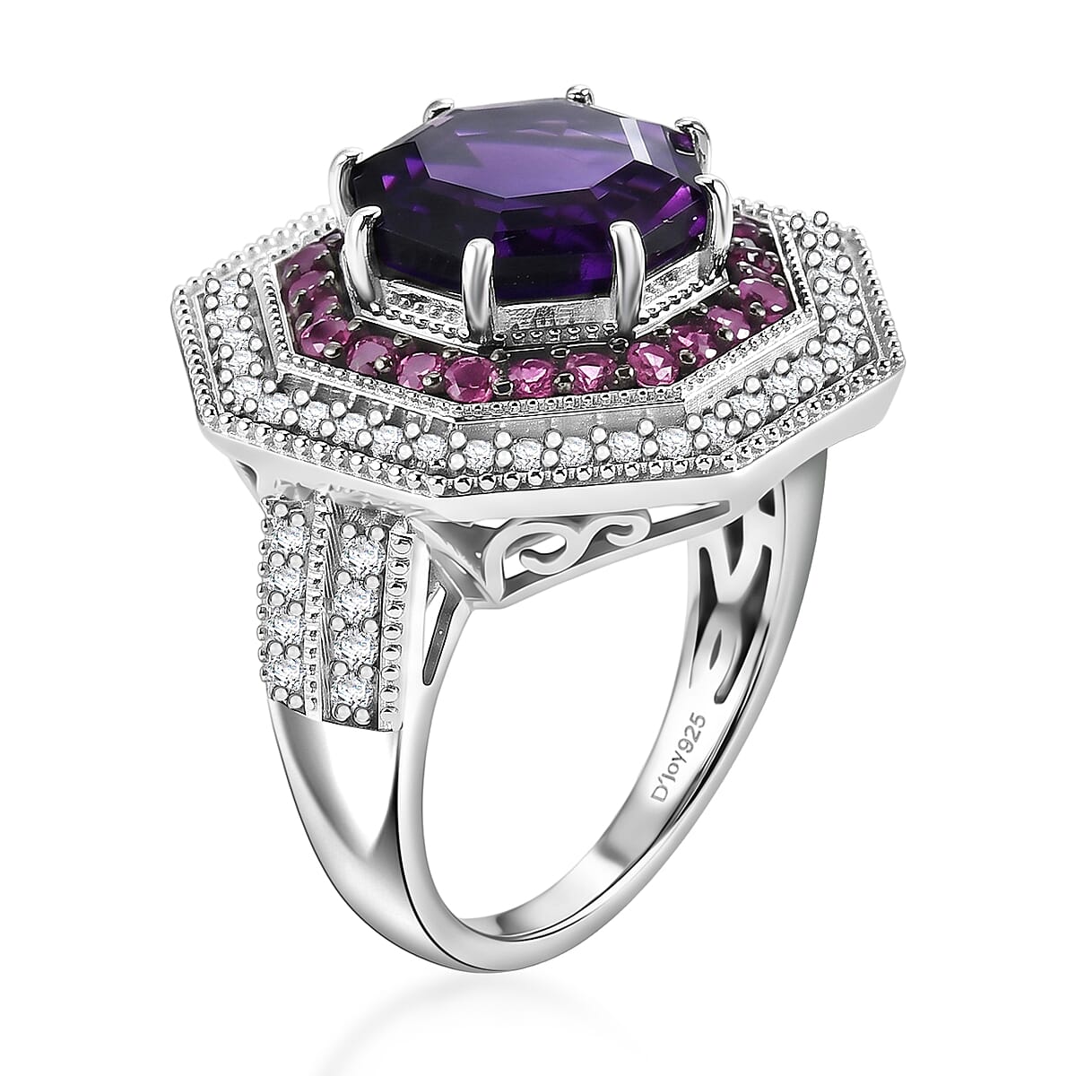 D'Joy Premium Moroccan Amethyst and Multi Gemstone 6.00 ctw Royal Octagon Ring in Rhodium Over Sterling Silver (Size 10.0) image number 3